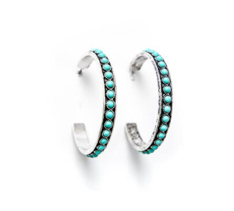 Burnished Silver Turquoise Hoop Earrings