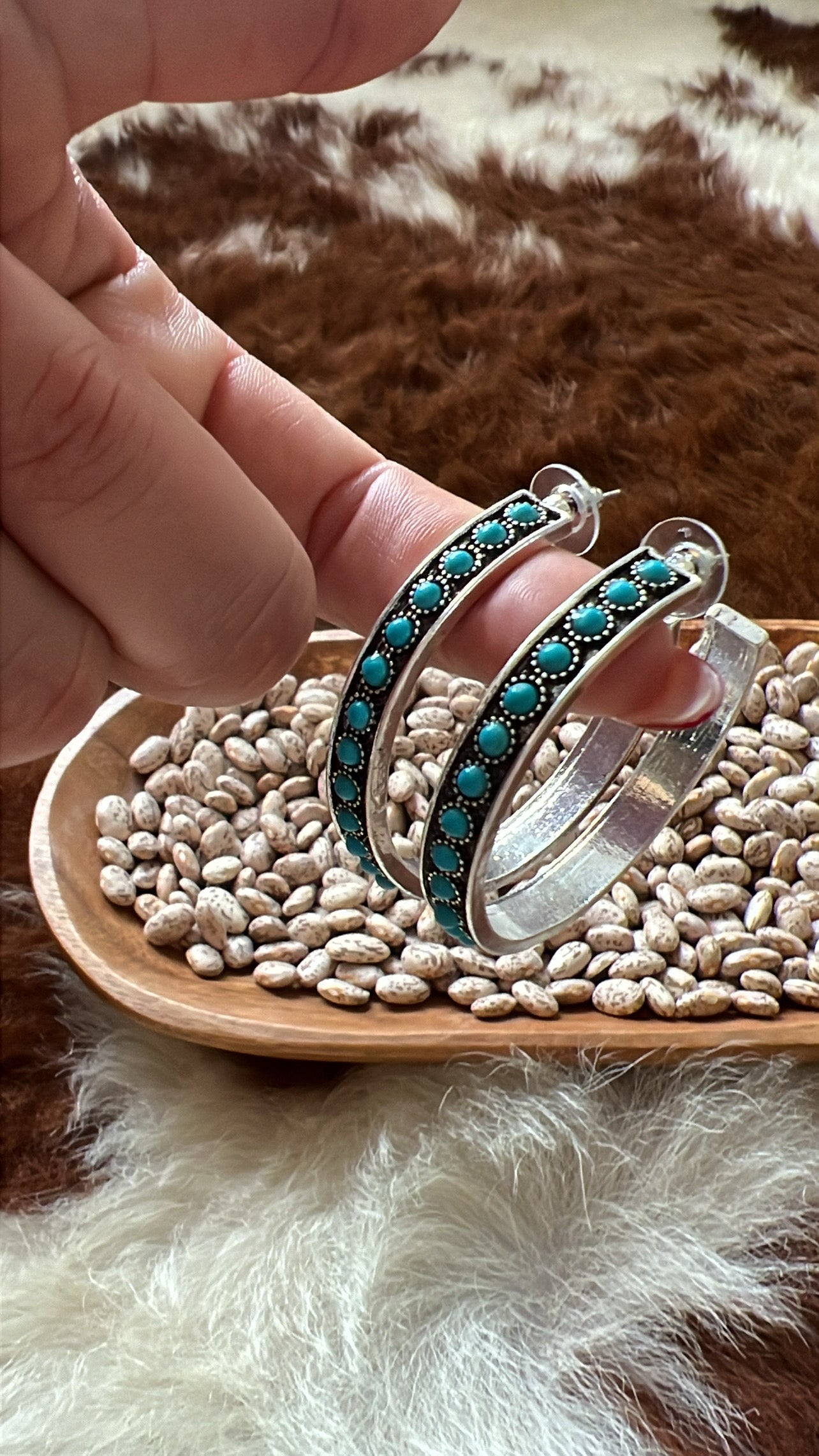 Burnished Silver Turquoise Hoop Earrings